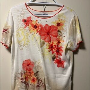 Basic Editions White Short-Sleeve Tee with Coral & Yellow Floral Print